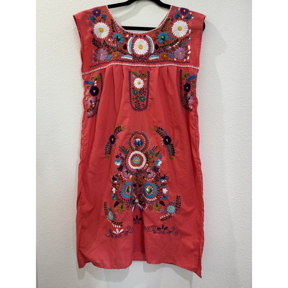 Mexican Hand Embroidered Short Sleeve Pink Boho Folk Dress Med